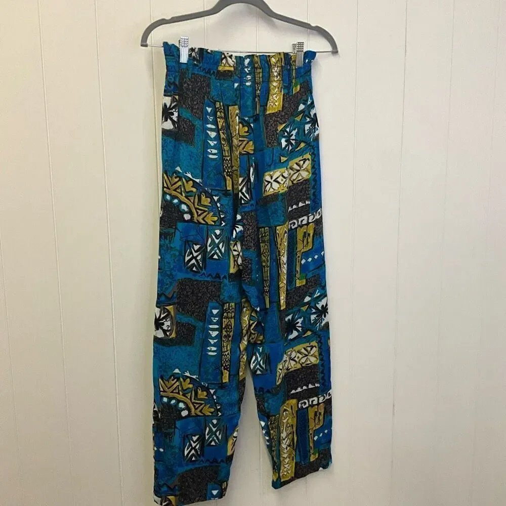 Happy Legs Womens Small Elastic Waist Pants Blue Abstract Print Hippie Pockets - Picture 5 of 8